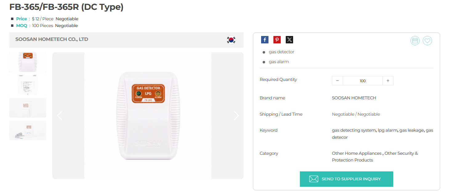 FB-365 residential LPG gas detector — KGS / KC / KFI certified, Made in Korea